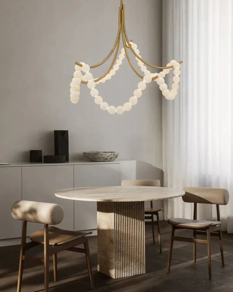 LightsStory Series Ethereal Semi Flush Chandelier | Cluster String Alabaster Beads Genuine Alabaster Beads and Steel Frame, Polished Brass and Black Metal for Living Rooms and Entryways American chandelier