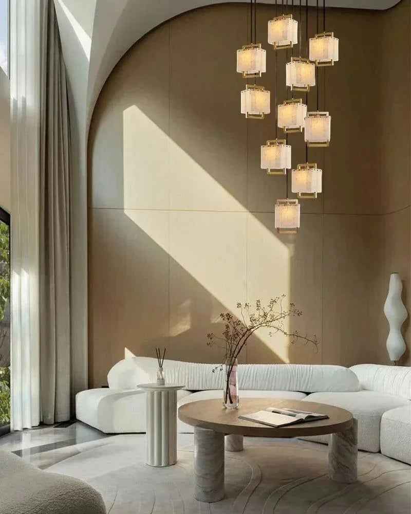 LightsStory Series Ethereal Suspension Light | Cluster Alabaster Dome Hand-polished marble and alabaster with brass accents, Lacquered Burnished Brass for Lobbies, Hotels, and Mansions Modern Pendant lamp