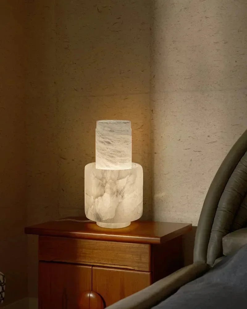 LightsStory Series Ethereal Table Lamp | Cylinder Solid Carved Natural Alabaster, Natural Stone Finish for Bedrooms, Living Rooms, and Offices Modern Table lamp