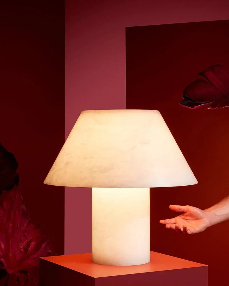 LightsStory Series Ethereal Table Lamp | Cylindrical Mushroom Hand-Carved Natural Alabaster Stone, Natural Hand-Finished Stone for Bedside Tables and Desks Modern Table lamp