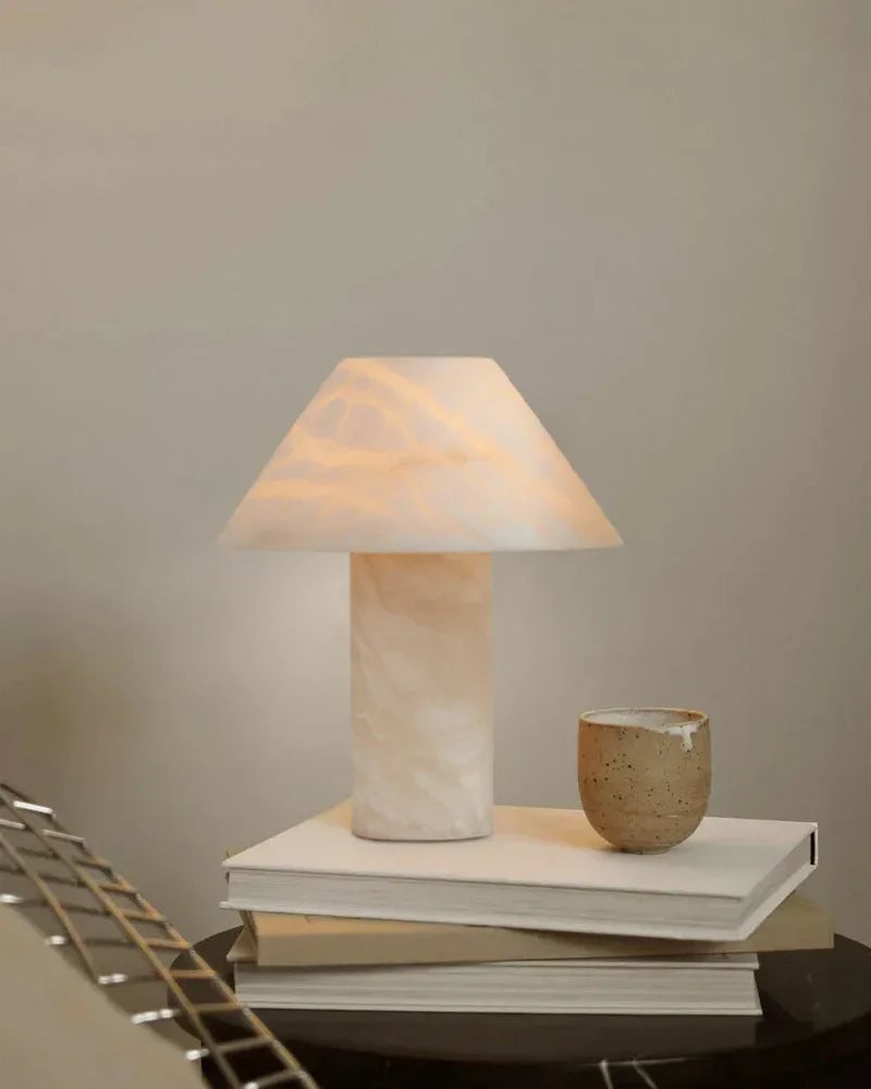 LightsStory Series Ethereal Table Lamp | Cylindrical Mushroom Hand-Carved Natural Alabaster Stone, Natural Hand-Finished Stone for Bedside Tables and Desks Modern Table lamp