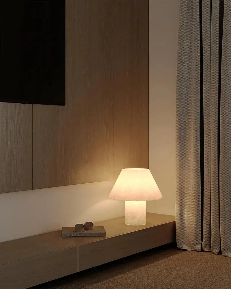 LightsStory Series Ethereal Table Lamp | Cylindrical Mushroom Hand-Carved Natural Alabaster Stone, Natural Hand-Finished Stone for Bedside Tables and Desks Modern Table lamp