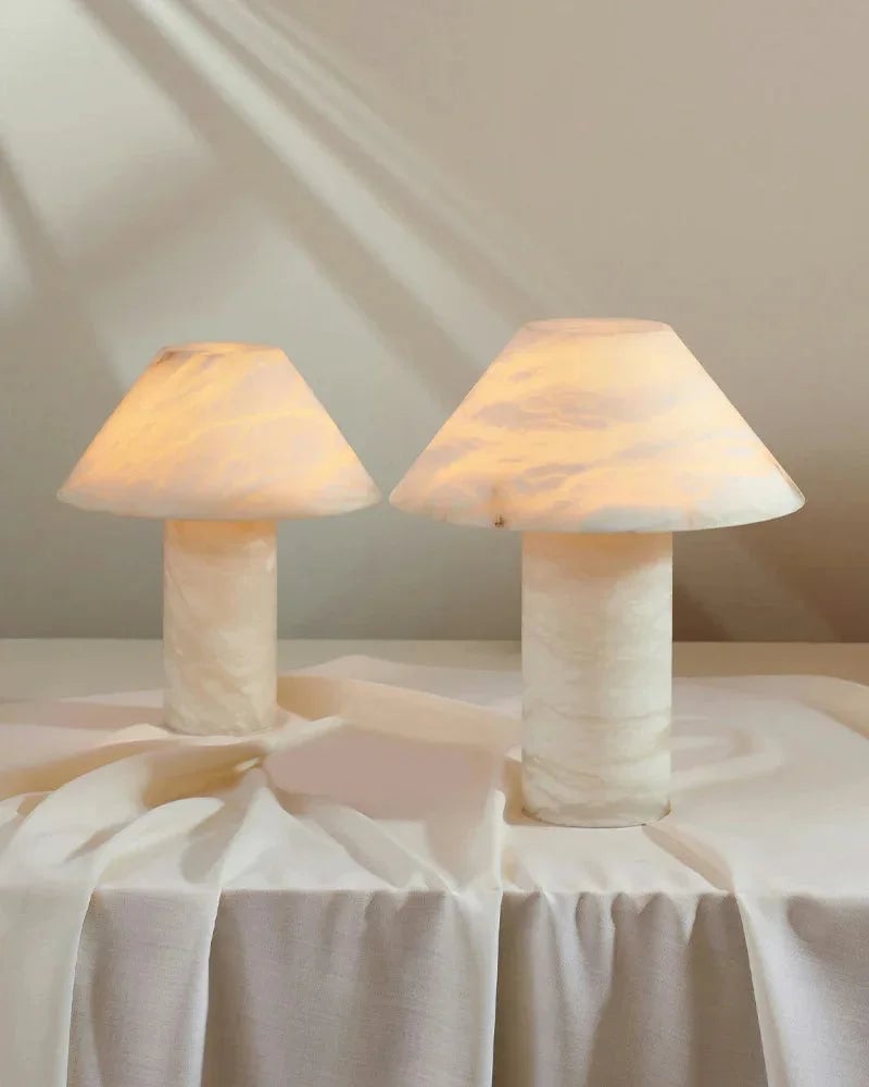 LightsStory Series Ethereal Table Lamp | Cylindrical Mushroom Hand-Carved Natural Alabaster Stone, Natural Hand-Finished Stone for Bedside Tables and Desks Modern Table lamp