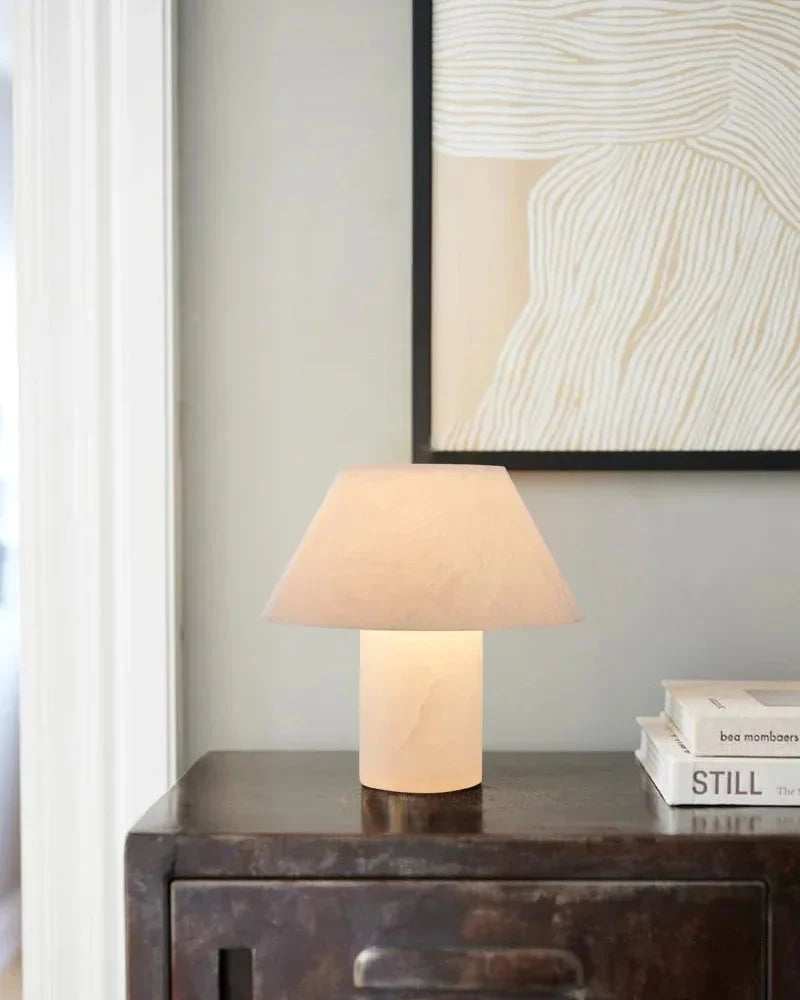 LightsStory Series Ethereal Table Lamp | Cylindrical Mushroom Hand-Carved Natural Alabaster Stone, Natural Hand-Finished Stone for Bedside Tables and Desks Modern Table lamp