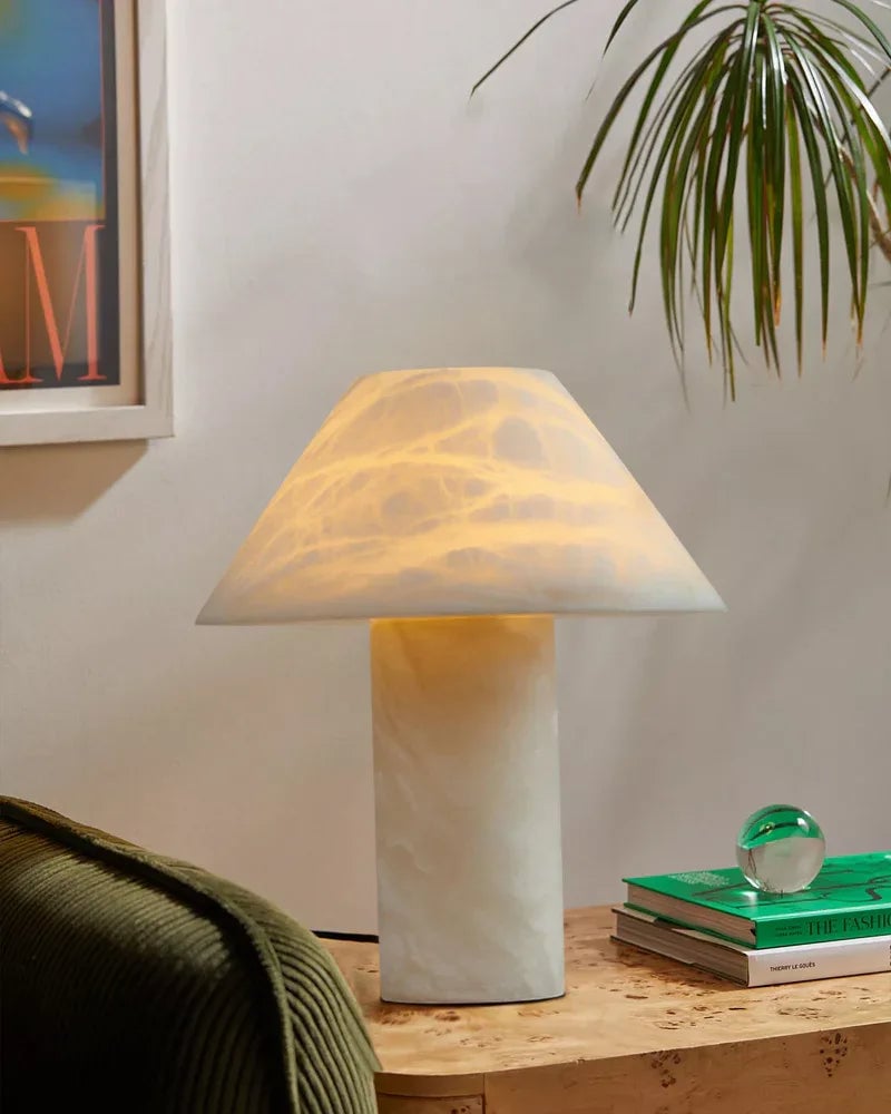 LightsStory Series Ethereal Table Lamp | Cylindrical Mushroom Hand-Carved Natural Alabaster Stone, Natural Hand-Finished Stone for Bedside Tables and Desks Modern Table lamp