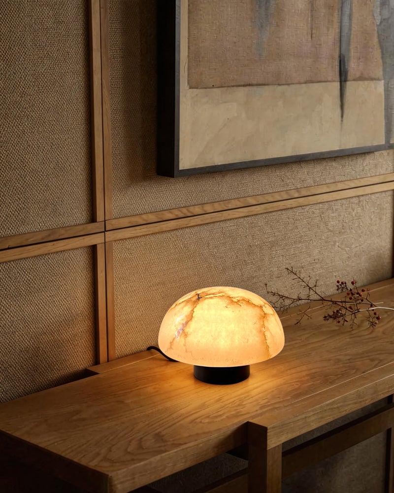 LightsStory Series Alabaster Mushroom Cap Table Lamp. Hand-Carved Natural Stone. Matte Black and Brass for Side Tables, Mantels, and Nightstands Modern Table lamp