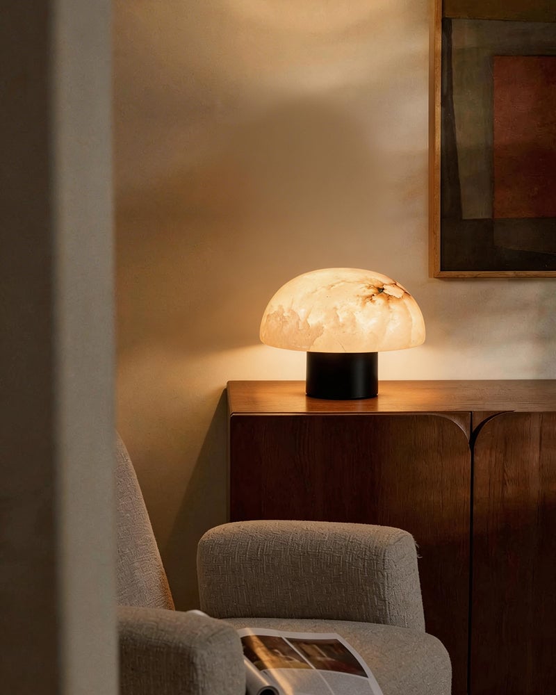 LightsStory Series Alabaster Mushroom Cap Table Lamp. Hand-Carved Natural Stone. Matte Black and Brass for Side Tables, Mantels, and Nightstands Modern Table lamp