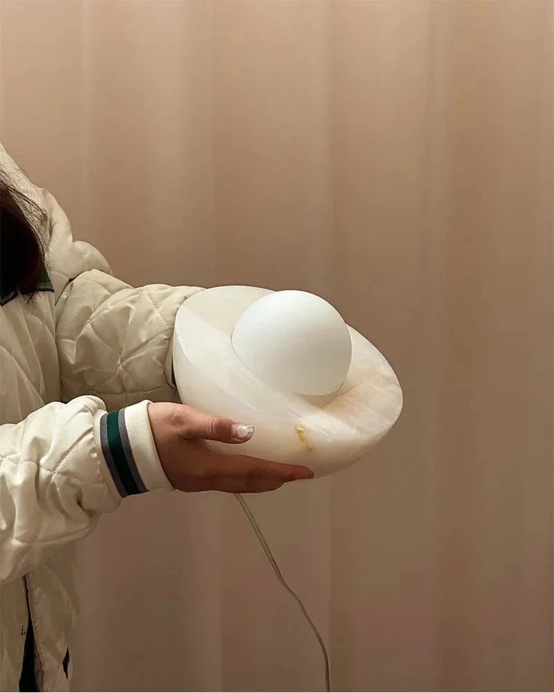 LightsStory Series Ethereal Table Lamp | Round Bowl Handcrafted Natural Solid Stone and Frosted Glass, Natural Stone Veining with Frosted Glass for Bedrooms, Nightstands, and Cozy Corners Modern Table lamp