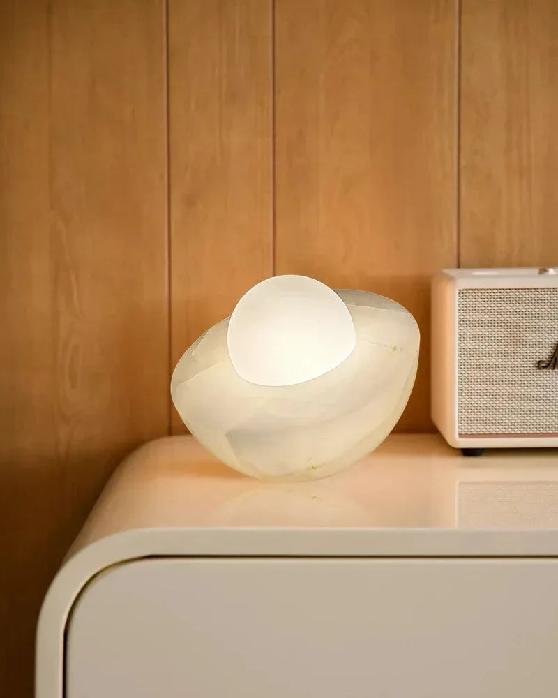 LightsStory Series Ethereal Table Lamp | Round Bowl Handcrafted Natural Solid Stone and Frosted Glass, Natural Stone Veining with Frosted Glass for Bedrooms, Nightstands, and Cozy Corners Modern Table lamp