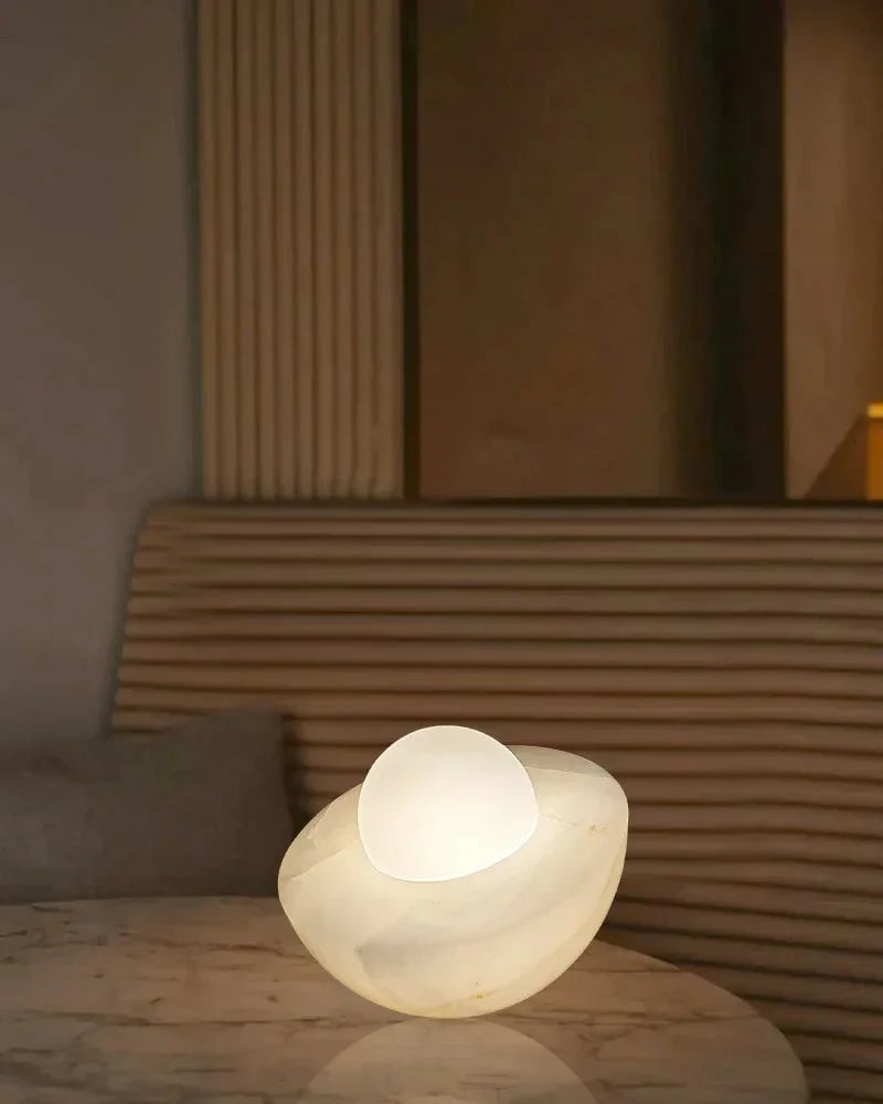 LightsStory Series Ethereal Table Lamp | Round Bowl Handcrafted Natural Solid Stone and Frosted Glass, Natural Stone Veining with Frosted Glass for Bedrooms, Nightstands, and Cozy Corners Modern Table lamp