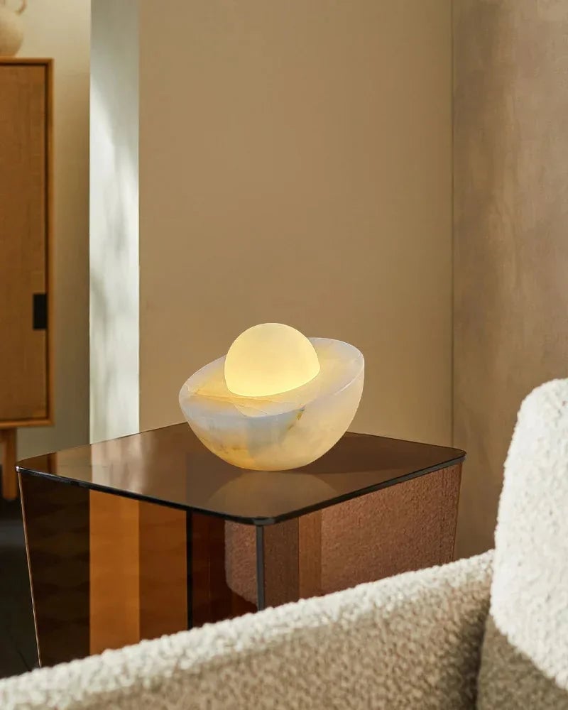 LightsStory Series Ethereal Table Lamp | Round Bowl Handcrafted Natural Solid Stone and Frosted Glass, Natural Stone Veining with Frosted Glass for Bedrooms, Nightstands, and Cozy Corners Modern Table lamp