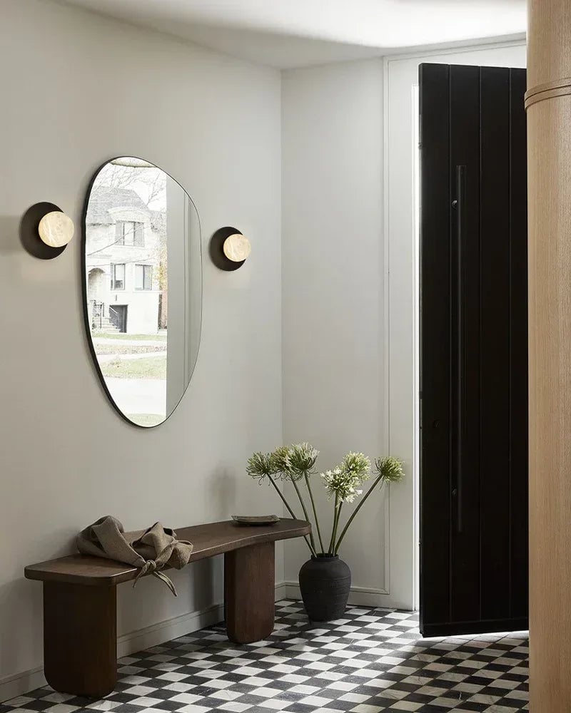 LightsStory Series Ethereal Wall Light | Alabaster Globe Hand-Carved Natural Alabaster Stone, Antique Black Iron finish for Hallways and Entryways Flush Mounted Wall Sconce Lamp