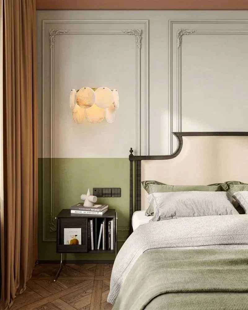 LightsStory Series Ethereal Wall Sconce | Flush Mount Shell Natural Spanish alabaster shell marble, Polished brass finish for Bedrooms and hallways Flush Mounted Wall Sconce Lamp