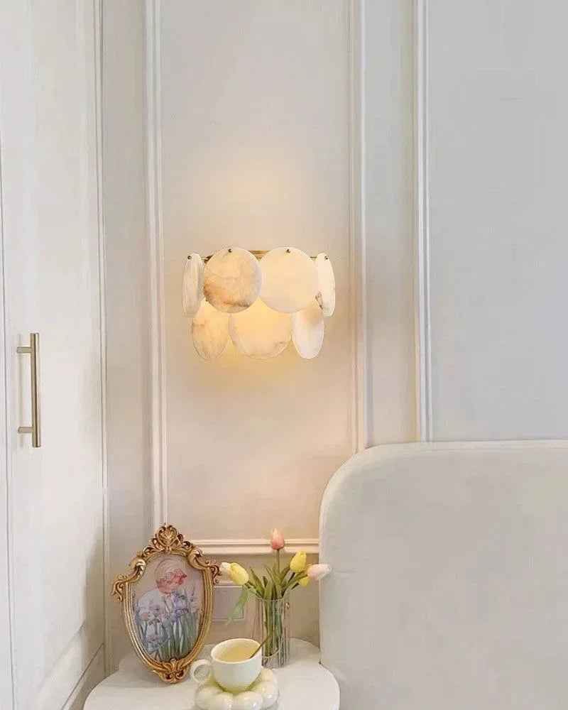 LightsStory Series Ethereal Wall Sconce | Flush Mount Shell Natural Spanish alabaster shell marble, Polished brass finish for Bedrooms and hallways Flush Mounted Wall Sconce Lamp
