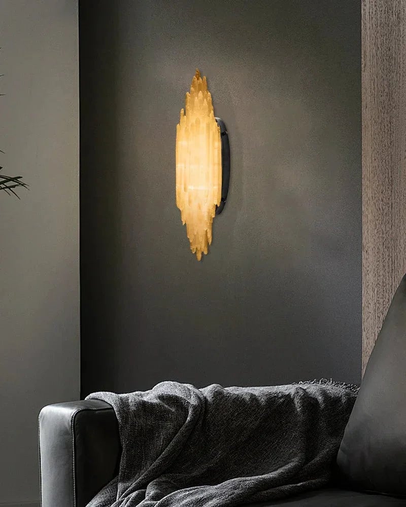 LightsStory Series Ethereal Wall Sconce | Linear Handcrafted Crystalline Gypsum Selenite, Modern Matte Black for Meditation Spaces and Luxury Living Areas Flush Mounted Wall Sconce Lamp
