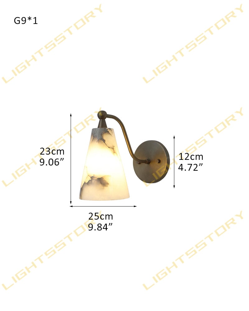 LightsStory Series Conical Hand-Carved Natural Alabaster Wall Sconce with Rich Golden Brass for Bedside, Hallways, and Bathroom Vanities L25*W12*H23CM L9.84"*W4.72"*H9.06" Brass Flush Mounted Wall Sconce Lamp
