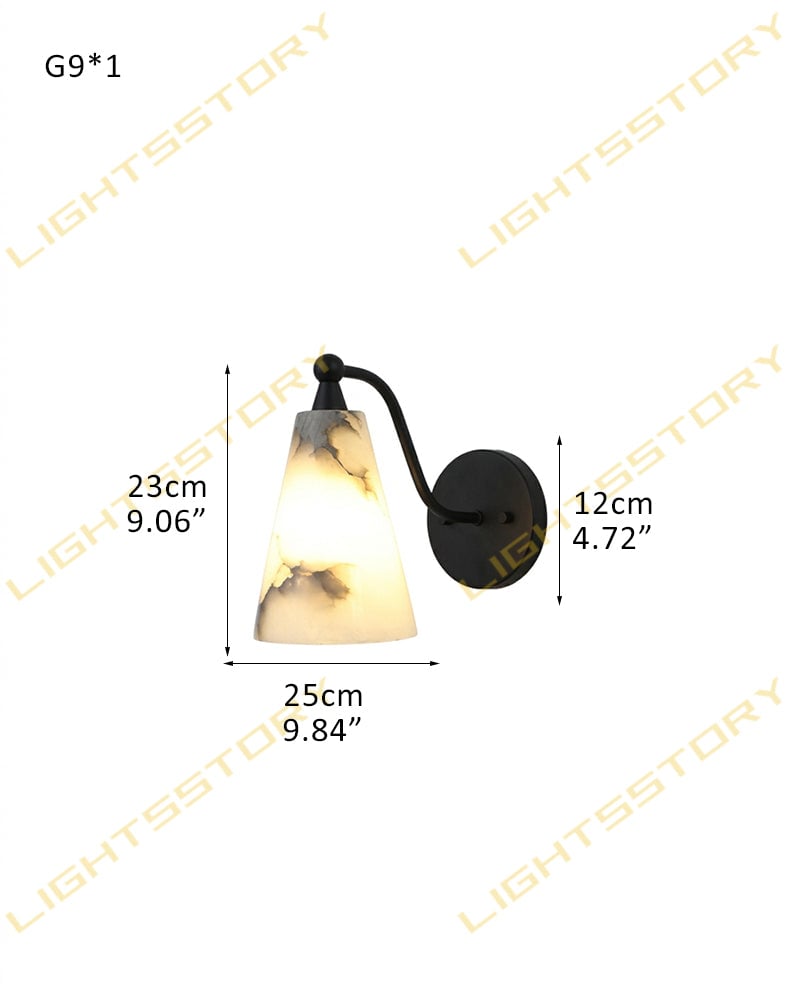 LightsStory Series Conical Hand-Carved Natural Alabaster Wall Sconce with Rich Golden Brass for Bedside, Hallways, and Bathroom Vanities L25*W12*H23CM L9.84"*W4.72"*H9.06" Black Flush Mounted Wall Sconce Lamp