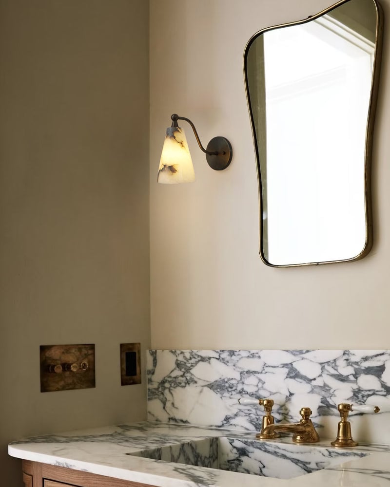 LightsStory Series Conical Hand-Carved Natural Alabaster Wall Sconce with Rich Golden Brass for Bedside, Hallways, and Bathroom Vanities Flush Mounted Wall Sconce Lamp