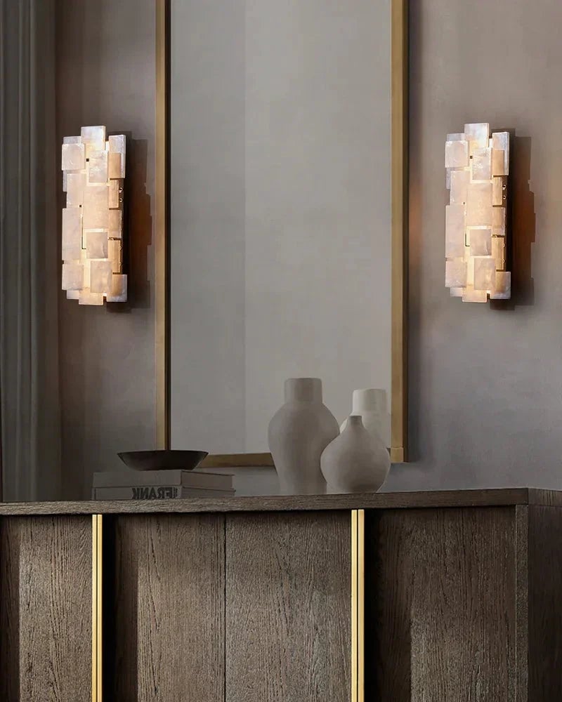 LightsStory Series Ethereal Wall Sconce | Square Natural Calcite Crystals with milky semi-opaque texture, Pearly quartz finish for Bedrooms and corridors Flush Mounted Wall Sconce Lamp