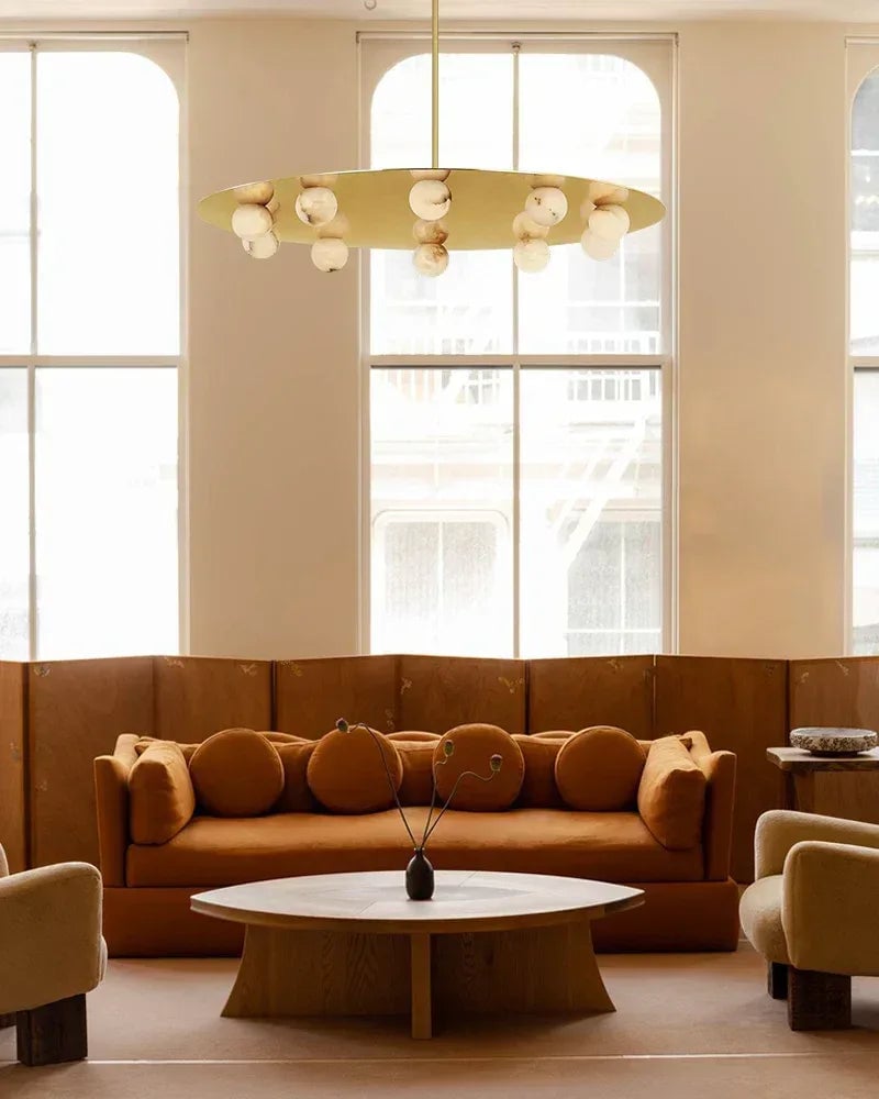 LightsStory Series Geometric Ceiling Light | Alabaster Globe Natural Alabaster Globe with Brass Disc Frame, Mirrored Black finish for Kitchen Islands, Dining Rooms, and Living Areas Modern Pendant lamp