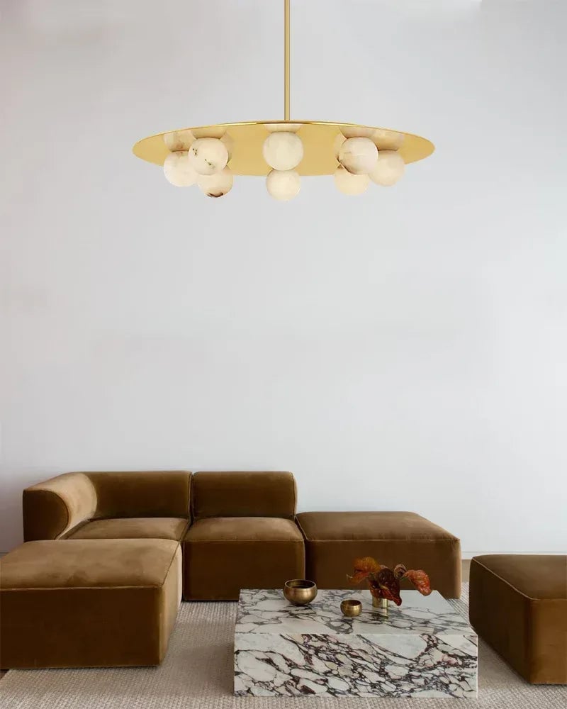 LightsStory Series Geometric Ceiling Light | Alabaster Globe Natural Alabaster Globe with Brass Disc Frame, Mirrored Black finish for Kitchen Islands, Dining Rooms, and Living Areas Modern Pendant lamp