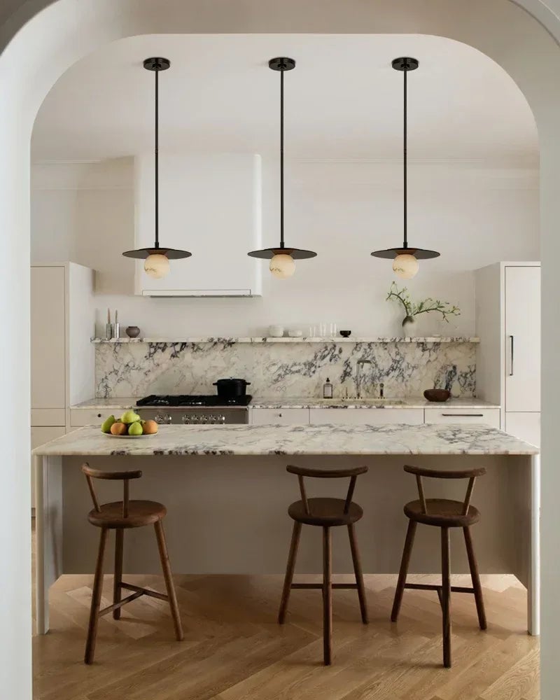 LightsStory Series Geometric Ceiling Light | Alabaster Globe Natural Alabaster Globe with Brass Disc Frame, Mirrored Black finish for Kitchen Islands, Dining Rooms, and Living Areas Modern Pendant lamp