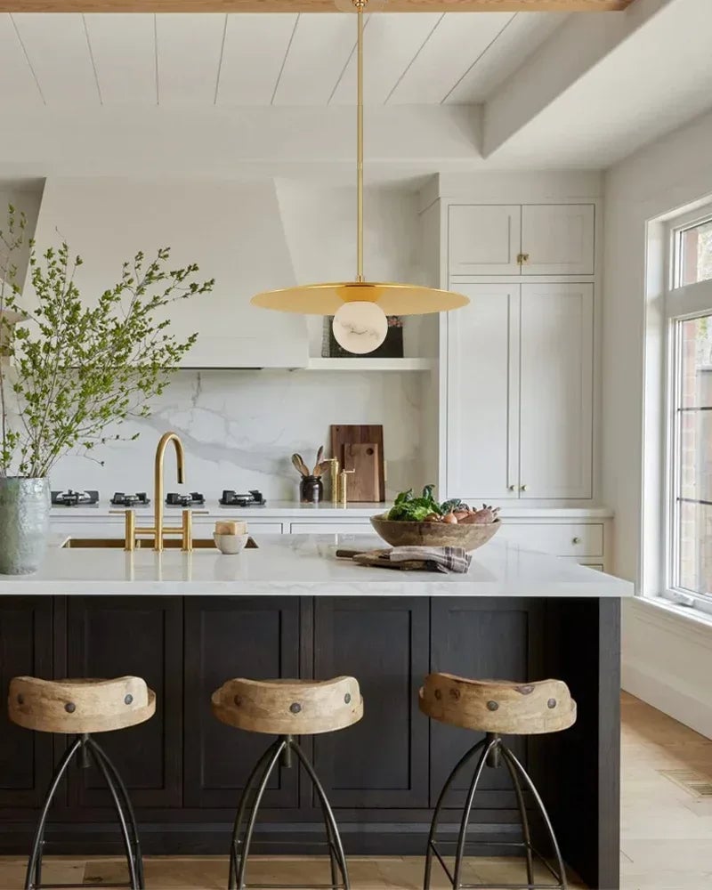 LightsStory Series Geometric Ceiling Light | Alabaster Globe Natural Alabaster Globe with Brass Disc Frame, Mirrored Black finish for Kitchen Islands, Dining Rooms, and Living Areas Modern Pendant lamp