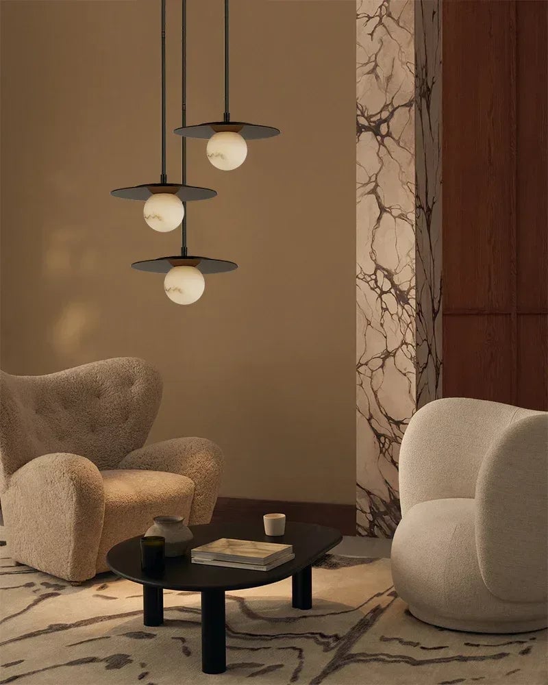 LightsStory Series Geometric Ceiling Light | Alabaster Globe Natural Alabaster Globe with Brass Disc Frame, Mirrored Black finish for Kitchen Islands, Dining Rooms, and Living Areas Modern Pendant lamp