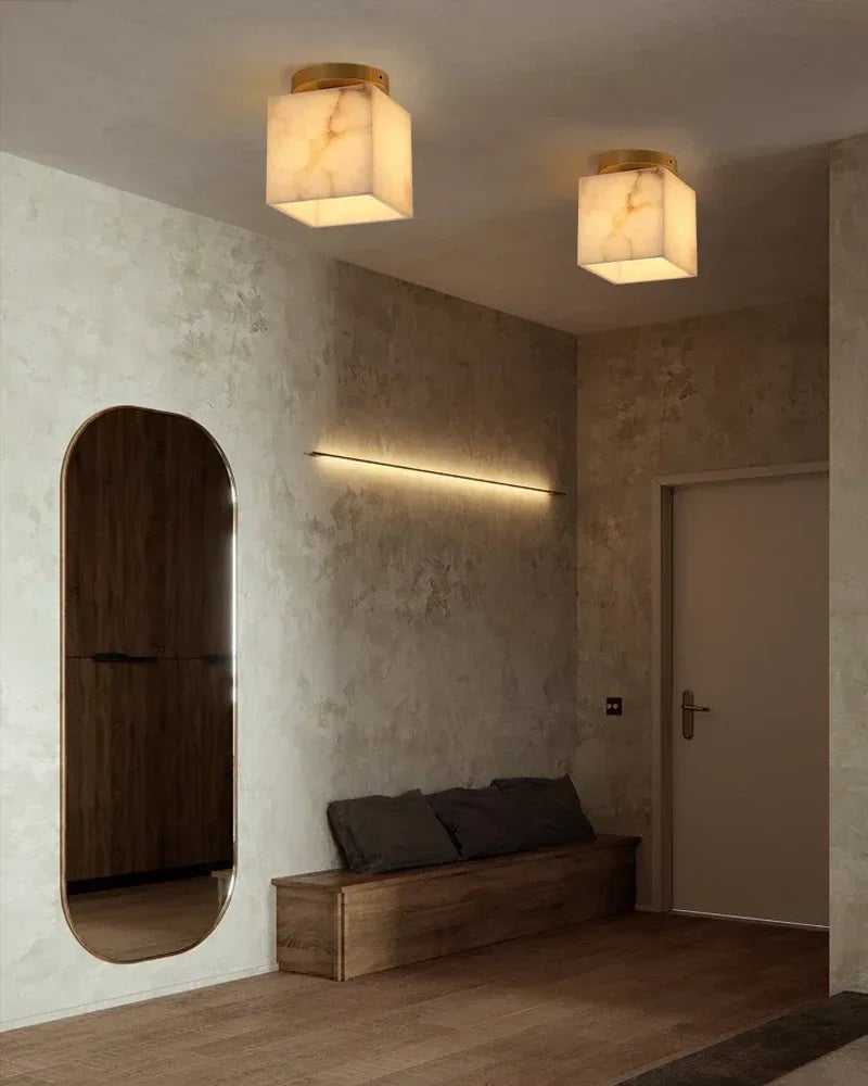 LightsStory Series Geometric Ceiling Light | Round Alabaster Orb and Square Brass Frame Genuine Alabaster with Polished Brass Frame, Polished Brass finish for Bedrooms, living rooms, and entryways Flush Mounted Ceiling Lamp