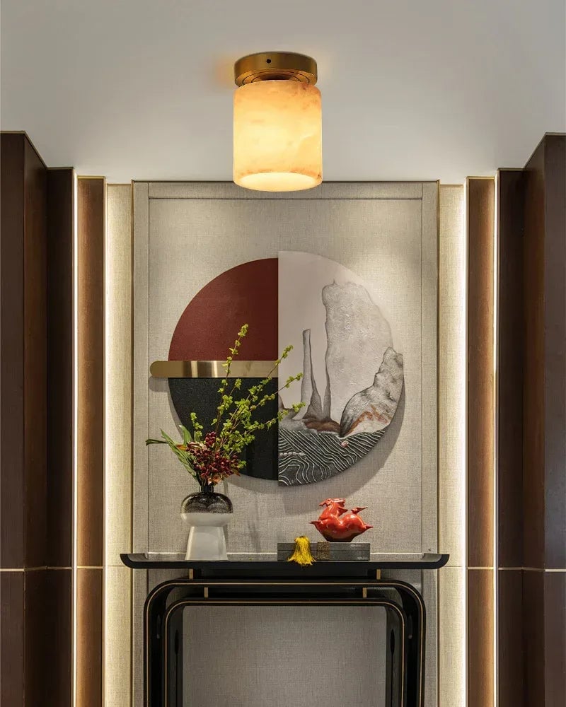 LightsStory Series Geometric Ceiling Light | Round Alabaster Orb and Square Brass Frame Genuine Alabaster with Polished Brass Frame, Polished Brass finish for Bedrooms, living rooms, and entryways Flush Mounted Ceiling Lamp