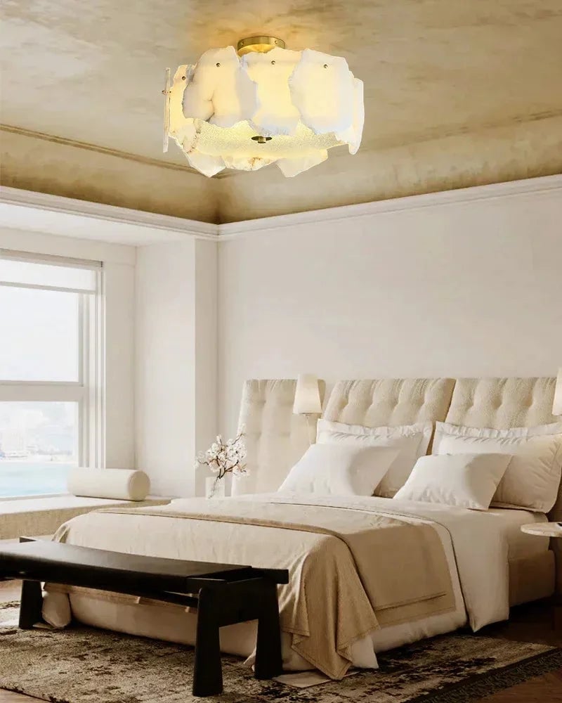 LightsStory Series Geometric Ceiling Light | Semi-Flush Mount Polished Brass and Smooth Marble-Textured Alabaster, Polished Brass finish for Entryways, Dining Rooms, and Living Areas Flush Mounted Ceiling Lamp