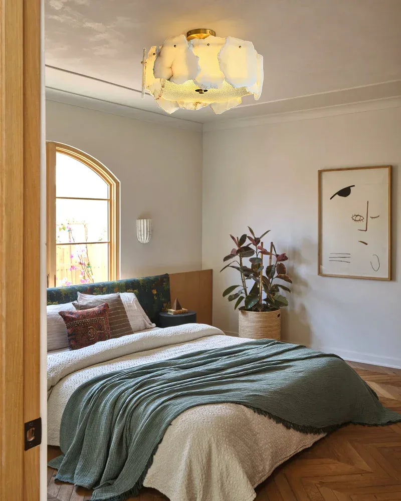 LightsStory Series Geometric Ceiling Light | Semi-Flush Mount Polished Brass and Smooth Marble-Textured Alabaster, Polished Brass finish for Entryways, Dining Rooms, and Living Areas Flush Mounted Ceiling Lamp