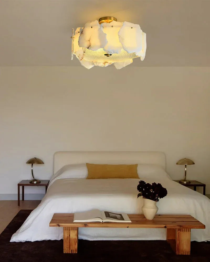 LightsStory Series Geometric Ceiling Light | Semi-Flush Mount Polished Brass and Smooth Marble-Textured Alabaster, Polished Brass finish for Entryways, Dining Rooms, and Living Areas Flush Mounted Ceiling Lamp