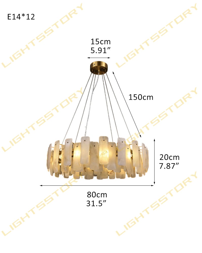 LightsStory Series Geometric Chandelier | Circular Smooth Natural Alabaster, Brass and Black frame with copper accents for Living Rooms and Dining Spaces 12-light-D80*H20CM D31.5"*H7.87" Luxury Modern Chandelier
