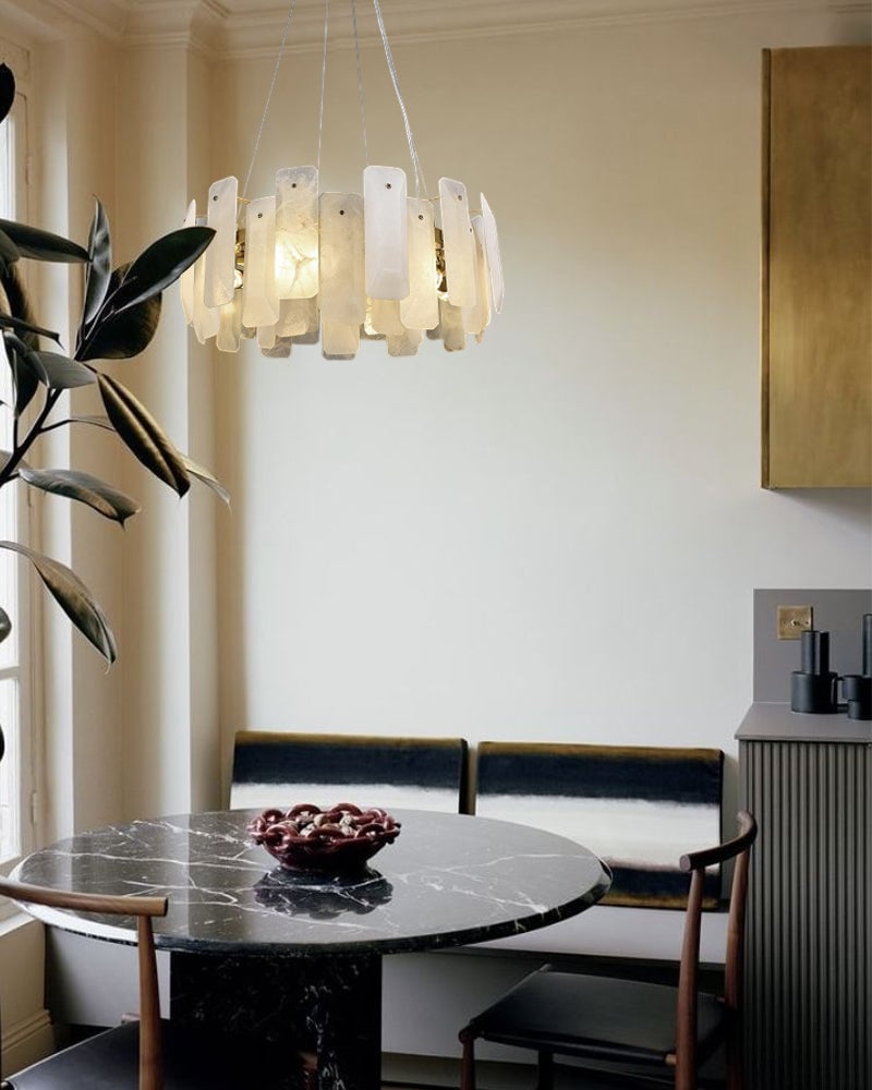 LightsStory Series Geometric Chandelier | Circular Smooth Natural Alabaster, Brass and Black frame with copper accents for Living Rooms and Dining Spaces Luxury Modern Chandelier