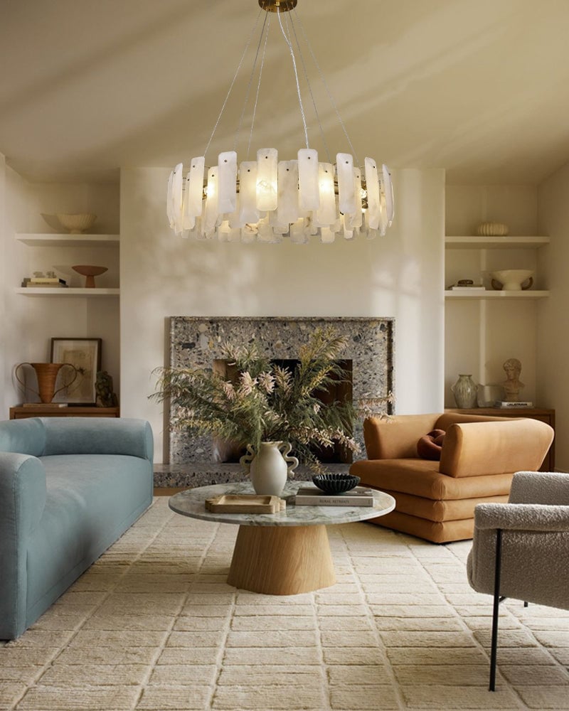 LightsStory Series Geometric Chandelier | Circular Smooth Natural Alabaster, Brass and Black frame with copper accents for Living Rooms and Dining Spaces Luxury Modern Chandelier