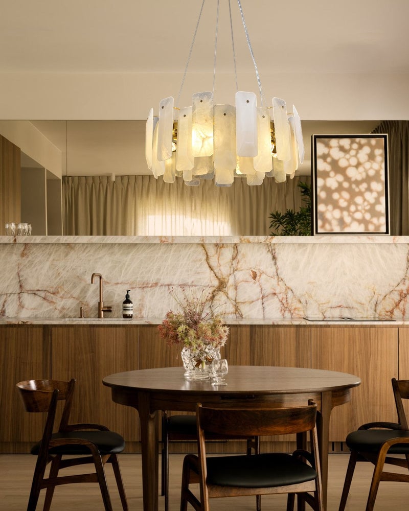 LightsStory Series Geometric Chandelier | Circular Smooth Natural Alabaster, Brass and Black frame with copper accents for Living Rooms and Dining Spaces Luxury Modern Chandelier