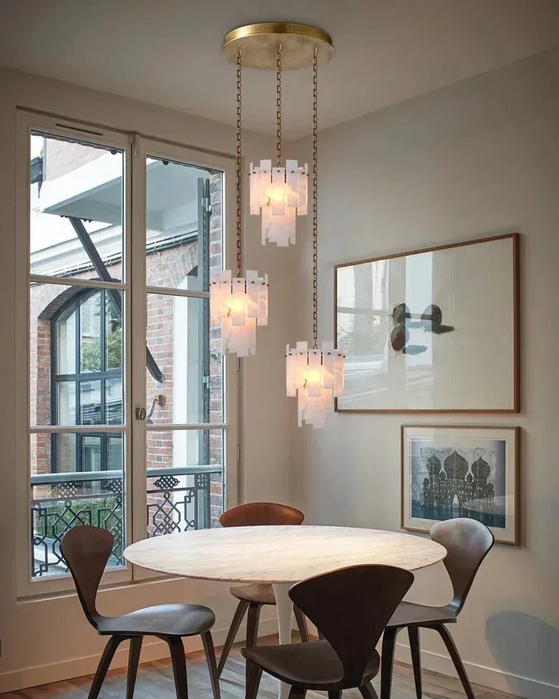 LightsStory Series Geometric Chandelier | Dual-Tier Smooth Alabaster Marble, Antique Brass finish for Bedrooms and cozy corners Luxury Modern Chandelier