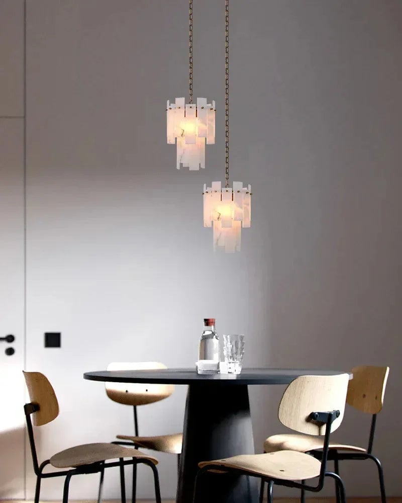 LightsStory Series Geometric Chandelier | Dual-Tier Smooth Alabaster Marble, Antique Brass finish for Bedrooms and cozy corners Luxury Modern Chandelier