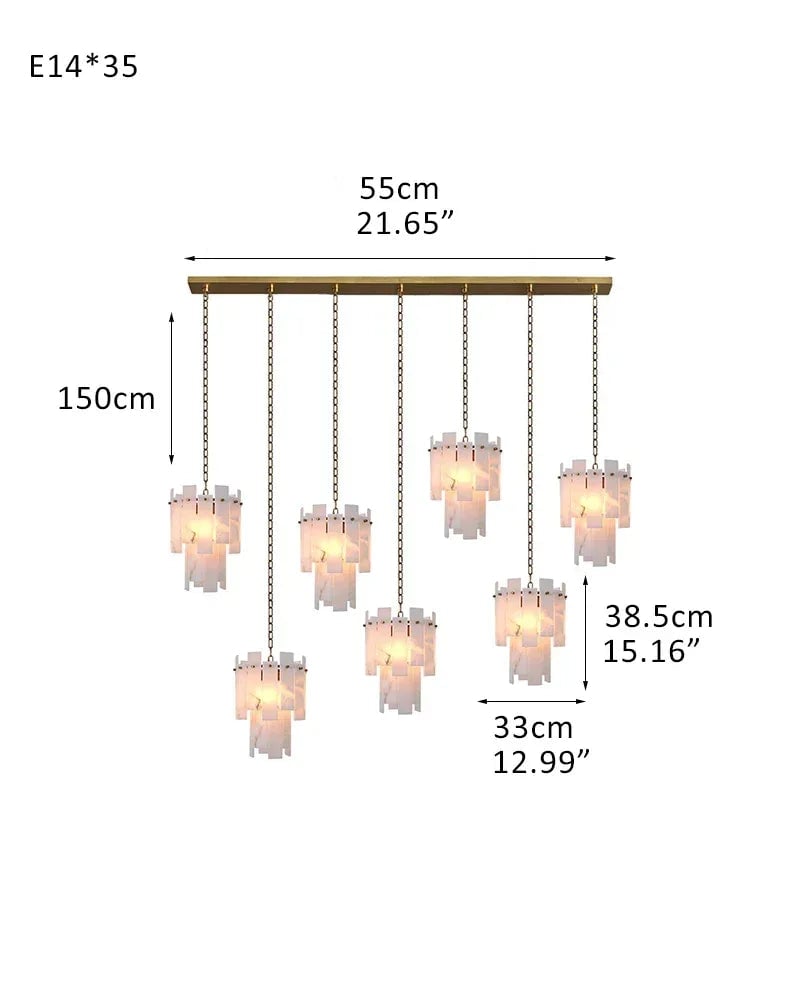LightsStory Series Geometric Chandelier | Dual-Tier Smooth Alabaster Marble, Antique Brass finish for Bedrooms and cozy corners 7-light-D33*H38.5CM D12.99“*H15.16"-Linear Board Brass Luxury Modern Chandelier