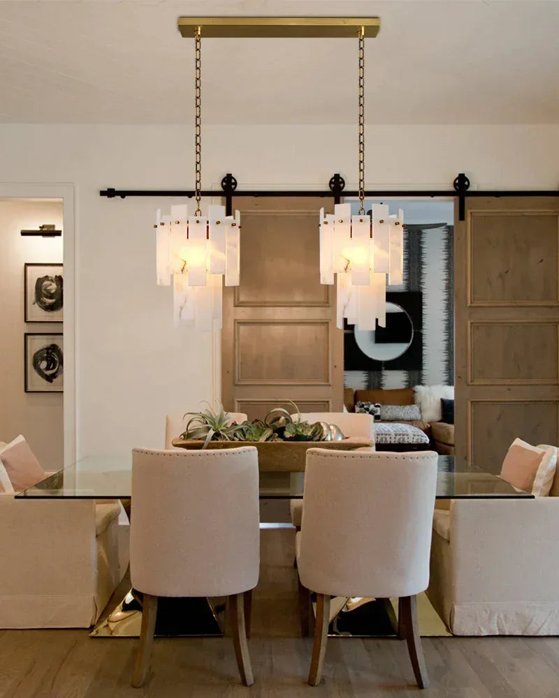 LightsStory Series Geometric Chandelier | Dual-Tier Smooth Alabaster Marble, Antique Brass finish for Bedrooms and cozy corners Luxury Modern Chandelier