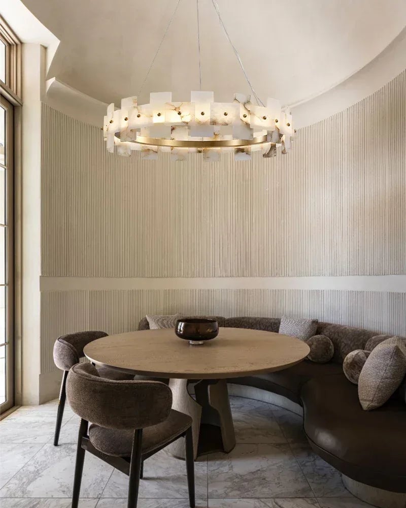 LightsStory Series Geometric Chandelier | Halo Natural Alabaster panels, Antique Brass finish for foyers or dining rooms Luxury Modern Chandelier