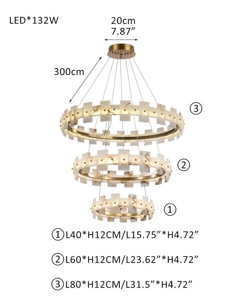 LightsStory Series Geometric Chandelier | Halo Natural Alabaster panels, Antique Brass finish for foyers or dining rooms L40+L60+L80CM L15.8"+L23.6"+L31.5" White + Brass Luxury Modern Chandelier