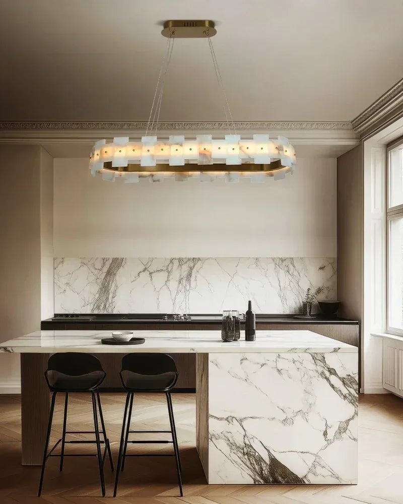 LightsStory Series Geometric Chandelier | Halo Natural Alabaster panels, Antique Brass finish for foyers or dining rooms Luxury Modern Chandelier