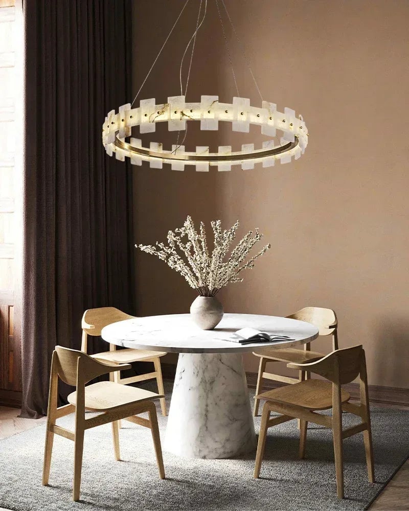 LightsStory Series Geometric Chandelier | Halo Natural Alabaster panels, Antique Brass finish for foyers or dining rooms Luxury Modern Chandelier