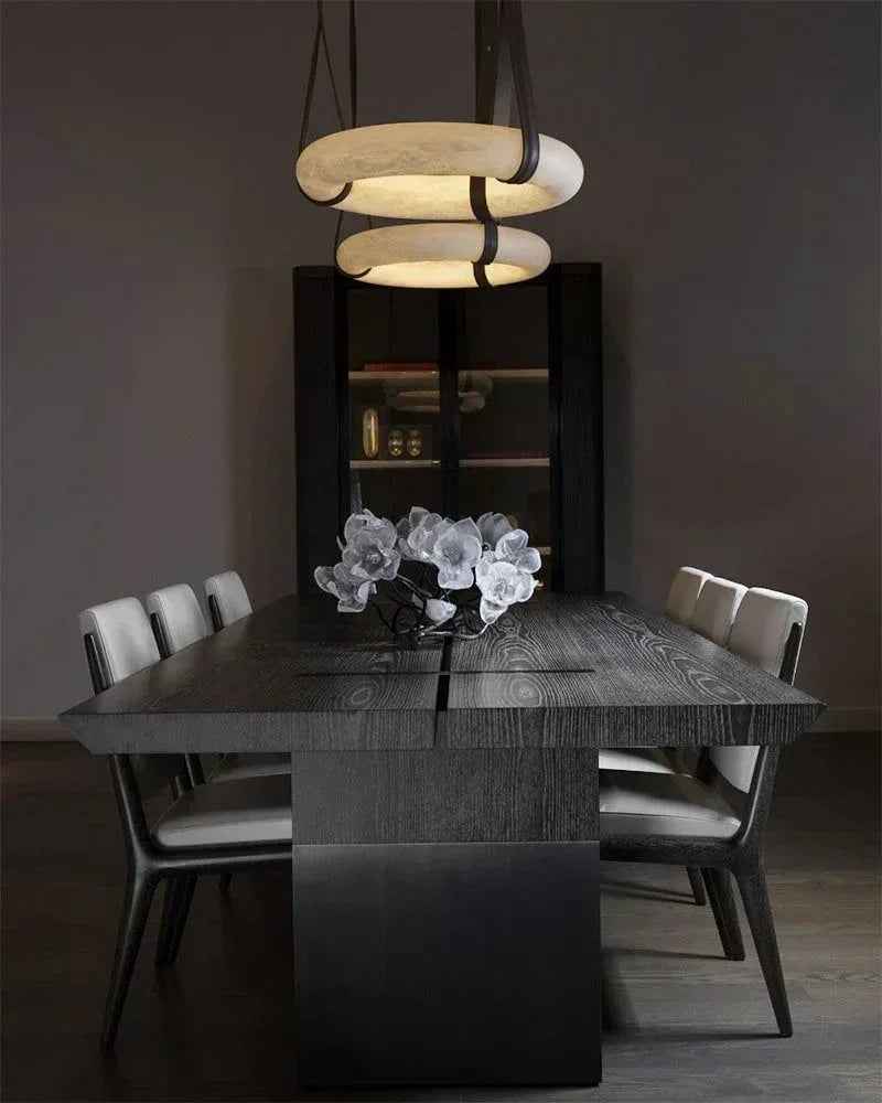 LightsStory Series Geometric Chandelier | Halo Ring Natural Alabaster Stone and Braided Leather, Matte Black and Brass for Modern Dining Rooms and Minimalist Living Spaces Vintage Simple Pendant Lamp