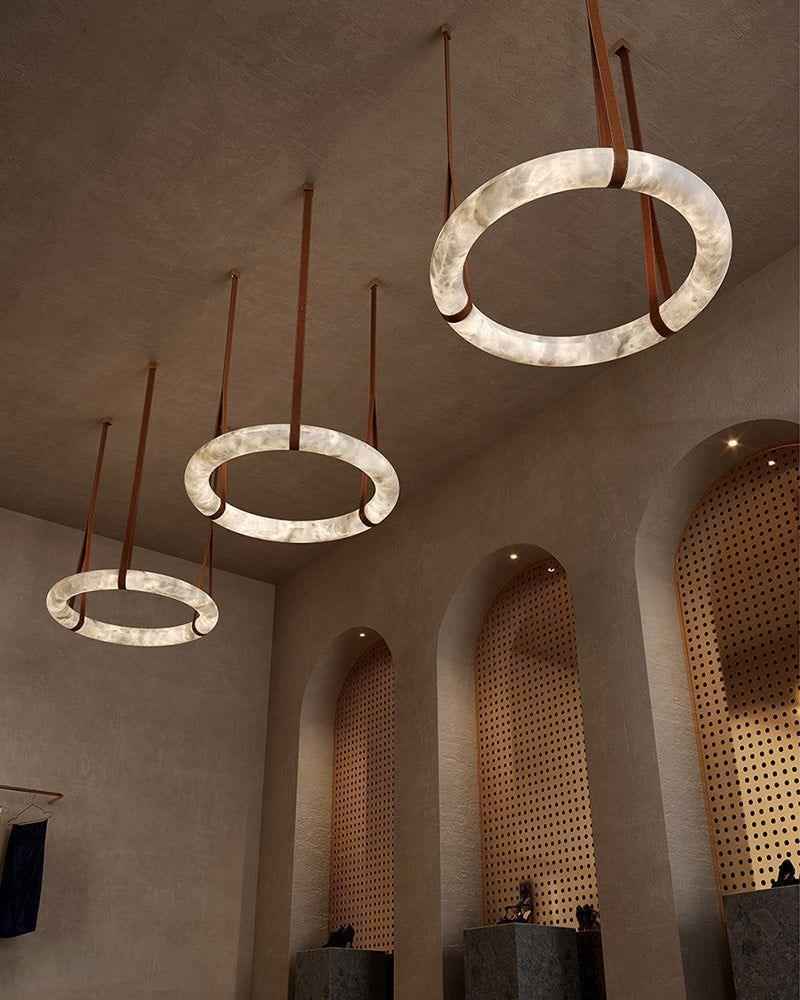 LightsStory Series Geometric Chandelier | Halo Ring Natural Alabaster Stone and Braided Leather, Matte Black and Brass for Modern Dining Rooms and Minimalist Living Spaces Vintage Simple Pendant Lamp