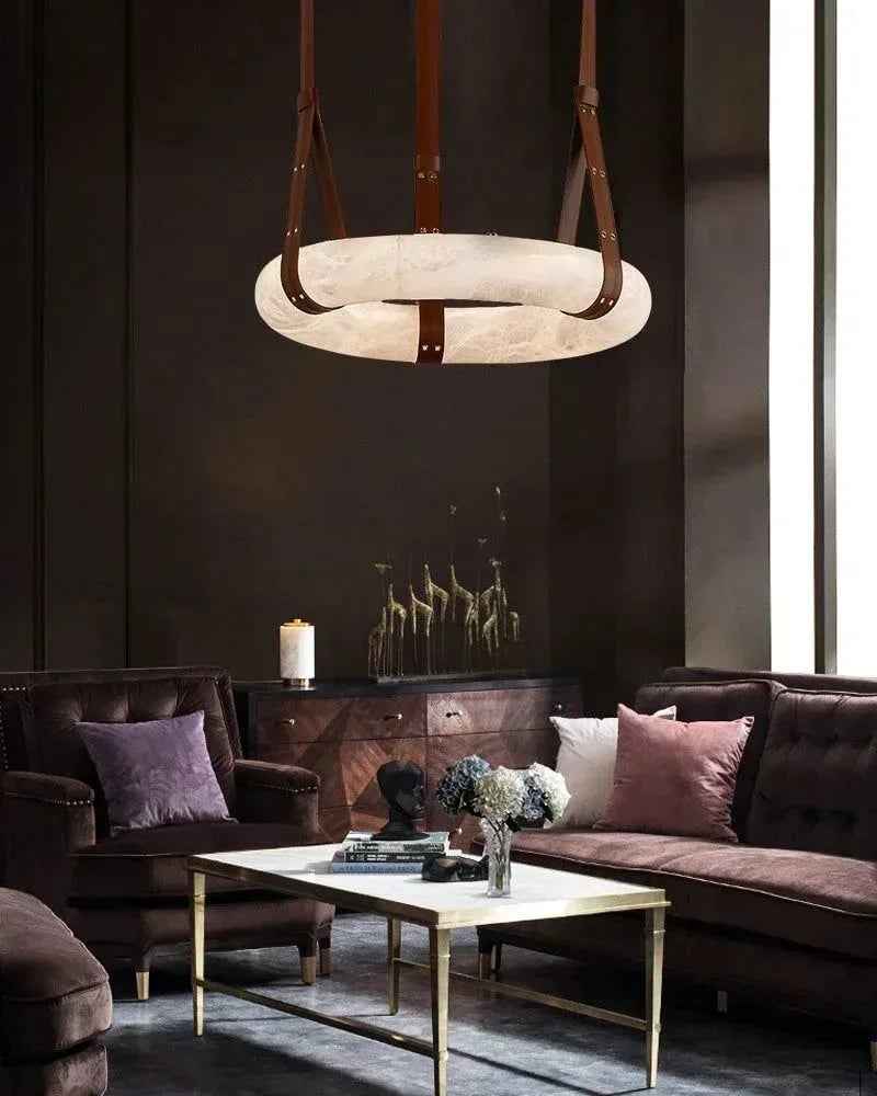 LightsStory Series Geometric Chandelier | Halo Ring Natural Alabaster Stone and Braided Leather, Matte Black and Brass for Modern Dining Rooms and Minimalist Living Spaces Vintage Simple Pendant Lamp