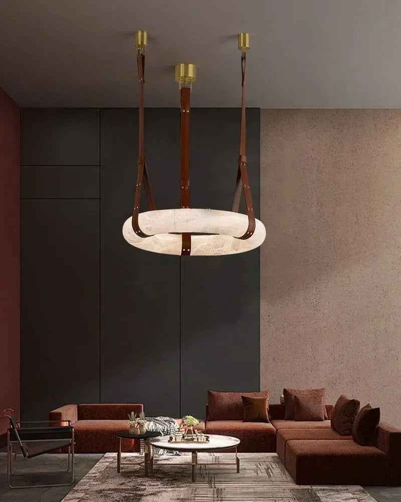 LightsStory Series Geometric Chandelier | Halo Ring Natural Alabaster Stone and Braided Leather, Matte Black and Brass for Modern Dining Rooms and Minimalist Living Spaces Vintage Simple Pendant Lamp