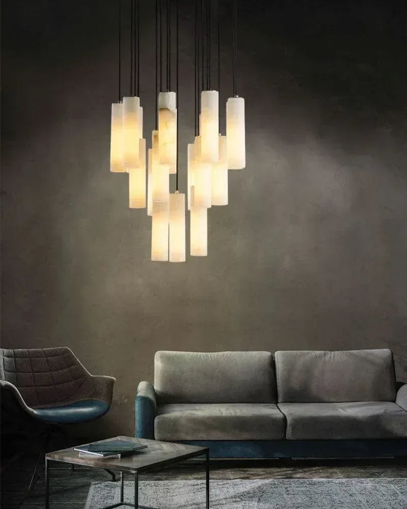 LightsStory Series Geometric Chandelier | Linear Cylinder Natural White Marble, Black finish for Modern bedrooms, living rooms, and halls Modern Pendant lamp